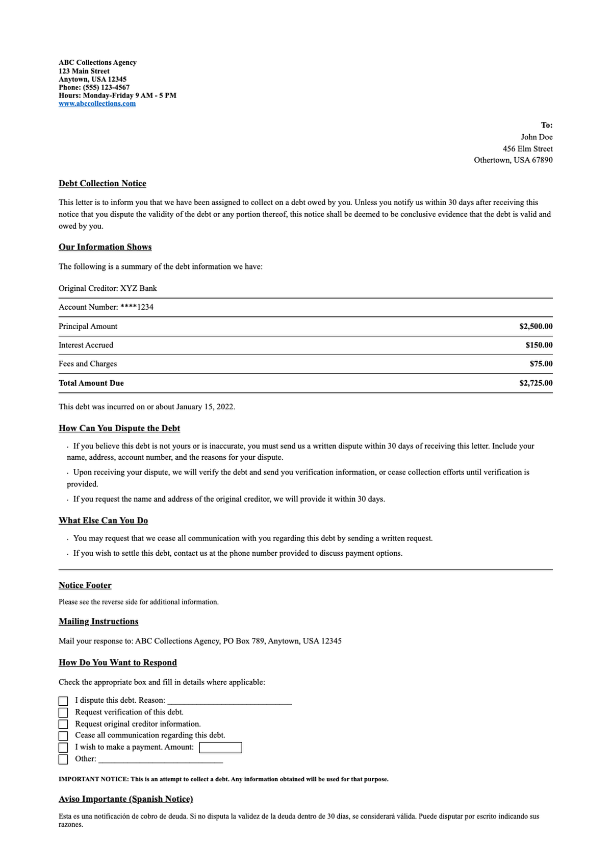 Debt collection notice from North South Group with dispute instructions and payment options_variant_1